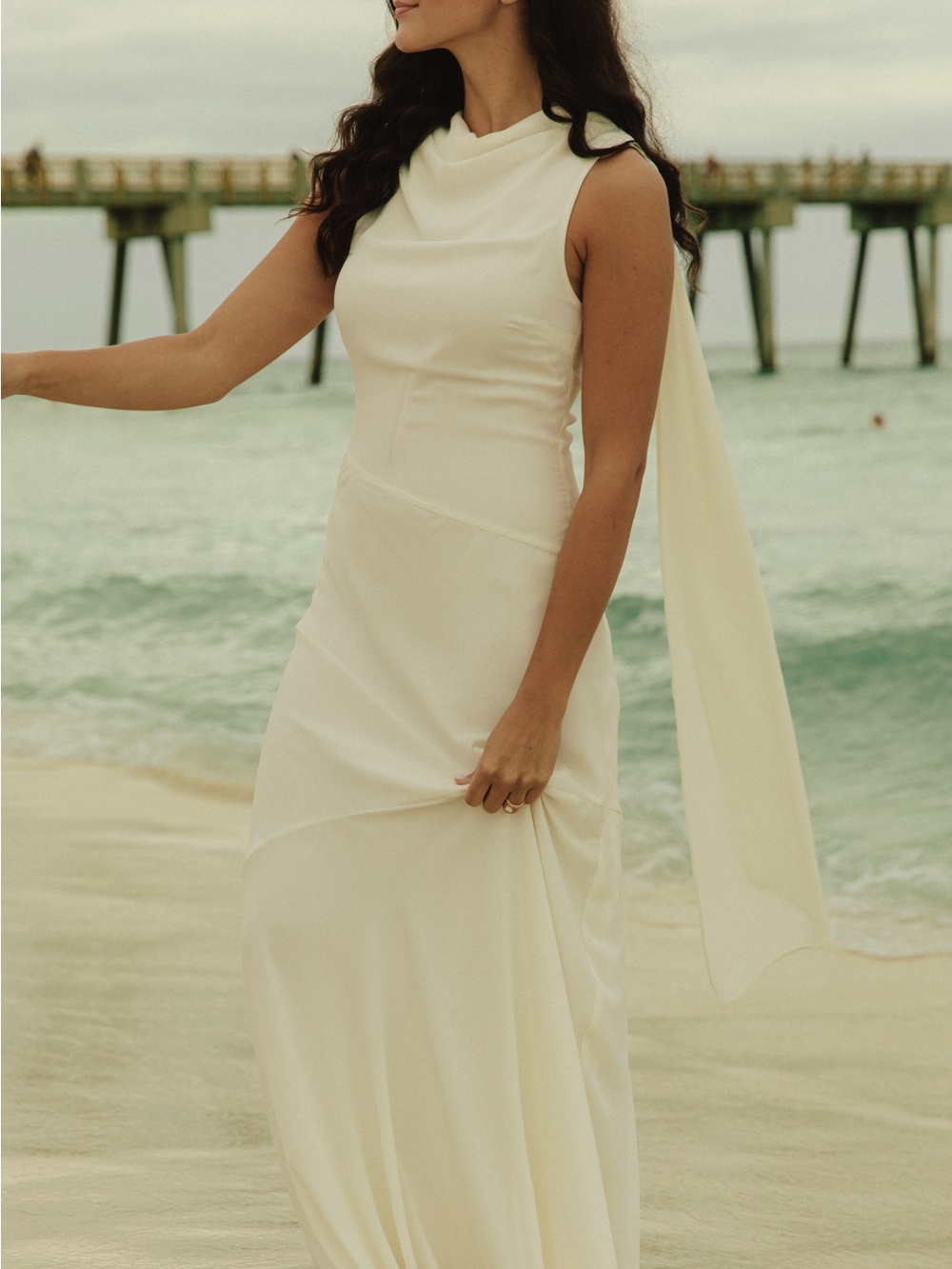 Elegant Cream Cowl-Neck Sleeveless Wedding Dress with Draped Scarf
